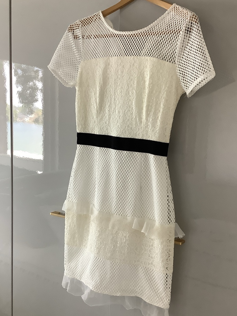 Mystic Ivory Midi Dress with Black Waist Band